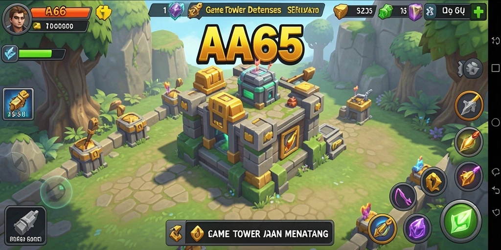 Screenshot gameplay AA666 menampilkan pertarungan menara melawan gelombang musuh.