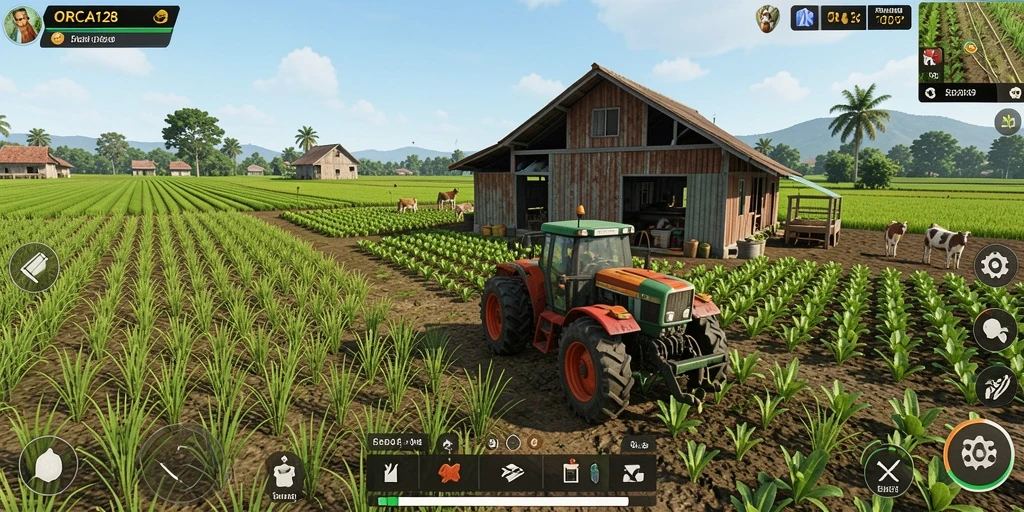 Screenshot gameplay ORCA128 yang menampilkan aktivitas bercocok tanam.