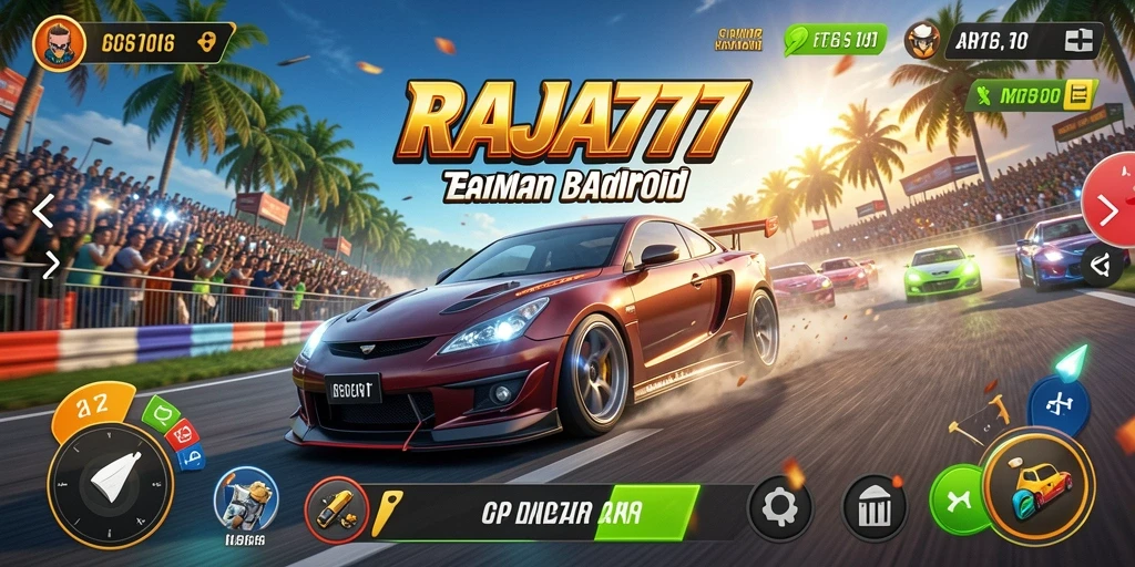 Gameplay seru di RAJA777 dengan mobil balap yang siap melaju di trek menantang.